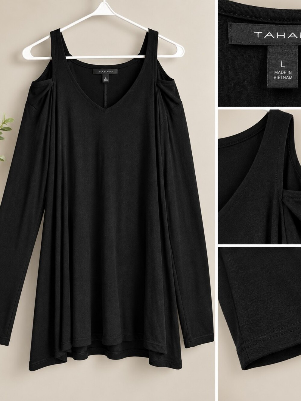 Tahari Black Cold-Shoulder V-Neck Long Sleeve Top